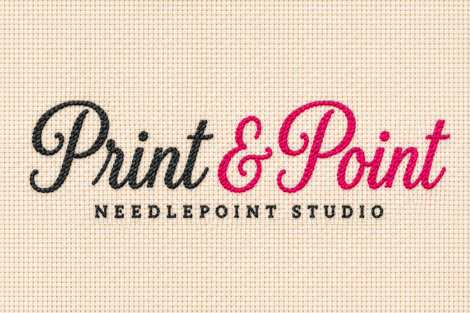 Print & Point logo worked in magenta and charcoal needlepoint stitches on cream canvas